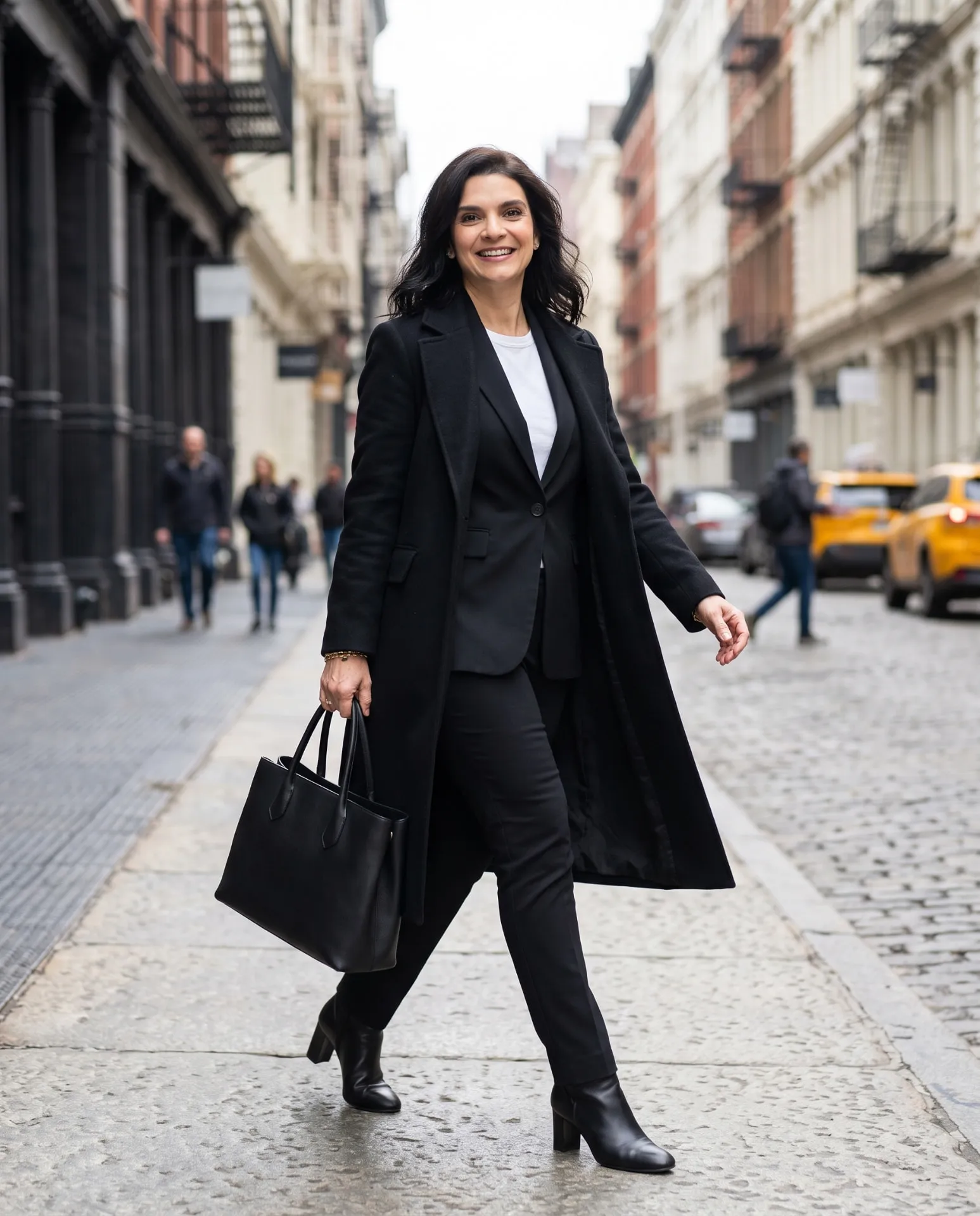 Emilie Valencia crossing a cobblestone street in SoHo, New York