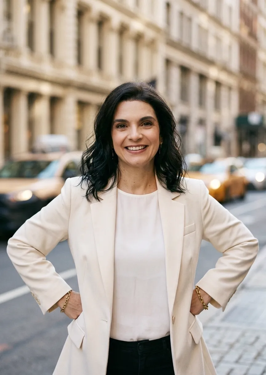 Emilie Valencia walking a New York city street in a black suit