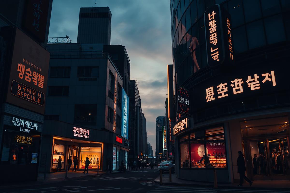 Seoul beauty retail district at dusk